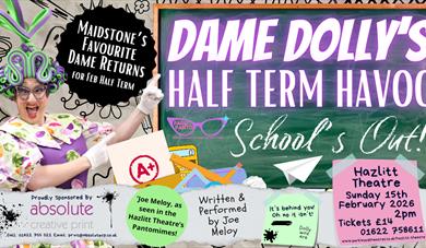 Poster of a panto dame pointing at a blackboard with event title