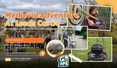 a collage of photos with axe throwing and people at Leeds Castle
