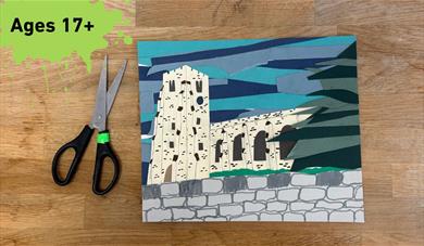 Ages 17+ on a paint splat in the top left corner. Main Image a collage of a church with some scissors next to the art work