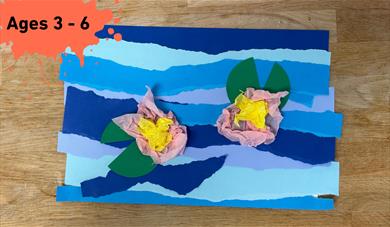 Paint splat in the top left corner with Ages 3 - 6 written on it. main image Collage of 2 pink water lilies on a shredded paper back ground