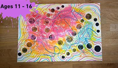 Paint splat with Ages 11 - 16 Main image an abstract drawing with black dots and colourful lines