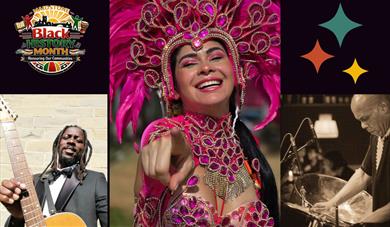 African musicians and a Samba girl in traditional costume
