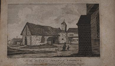 A print of the chapel of St Bartholomew's Hospital, Sandwich, engraved by G. Maxwell and published by William Boys in 1787. The view shows a woman wea
