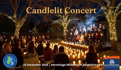 AI generated image of a school choir performing on stage with fairy lights on trees and candles in front of the audience