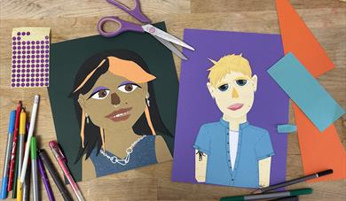 2 portraits of people made with collage paper surrounded by pens, pencils stickers and scrap of paper