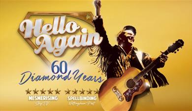 Hello Again 60 Diamond Years promotional poster featuring a performer with a guitar on a gold background.