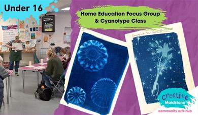Art teacher demonstrating in front of a small class of adults. Two cyanotype prints on a purple background