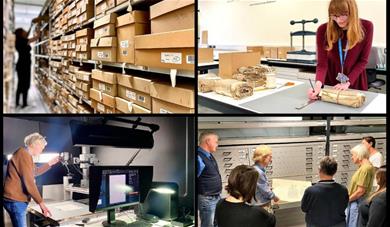 Montage of 4 photos: top left - archive storage boxes on racks; top right - archivist working on a manuscript; bottom left - man using overhead scanne