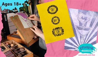 Lino cut prints and an artist carving a design into lino