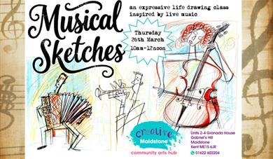 Hand drawing of an accordianist, trumpeter and cellist to promote musical sketches workshop