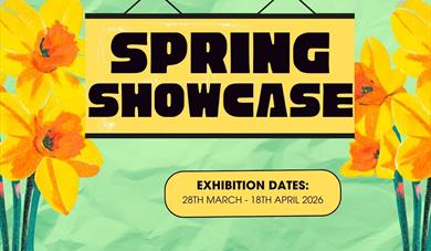 Spring Showcase on a green background with bunches of daffodils either side