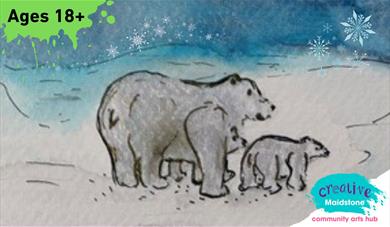 Watercolour polar bears on a snowy background with  dark blue sky 