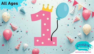 Pink number one with white polka dots on a party background with balloons, paper hats and bunting