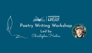 Picture of the poet on a background with the Lit Fest logo