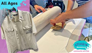 Hands doing printing onto textiles and a handprinted shirt