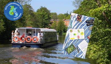 Kentish Lady on the River Medway. Inset picture of a nature journal on a stripy blanket with binoculars and drawing materials