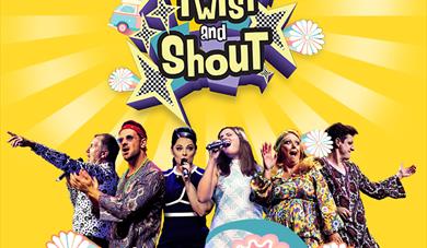 Twist and Shout - a 60s themed poster with singers and performers in 60s themed costumes.