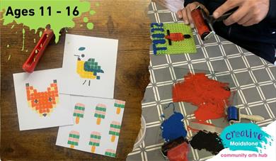 Tile letterpress printed images and materials - paint, rollers, etc.