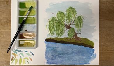 Watercolour Willow tree with paint pallet and brush