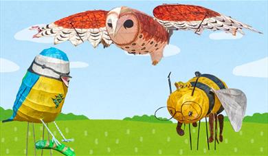 Willow sculpture owl, bluetit and bee on a cartoon background of blue sky and green fields