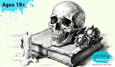 AI generated still life sketch featuring a skeleton, wilting roses, candle and old book