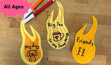 In the top right hand corner there is a paint splat with the words all Ages written in it. The main image is 3 paper flames one with the phrase My dog