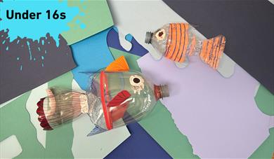 In the upper left corner a Paint Splat with Under 16s written inside it. Main image two fishes made from plastic bottles facing each other