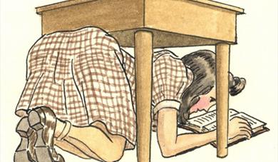 Drawing of a child dressed in 1940s clothing reading under a desk