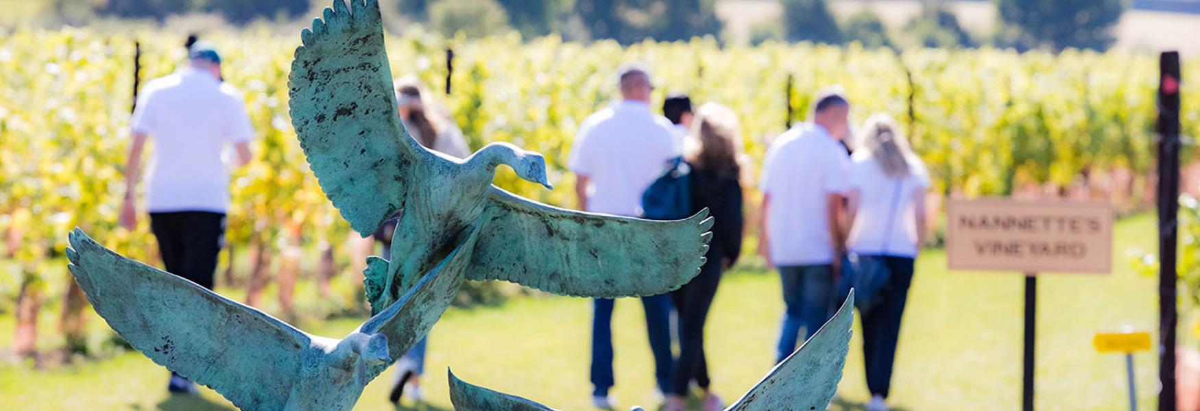 Group of people strolling though the vineyard past the sculpture