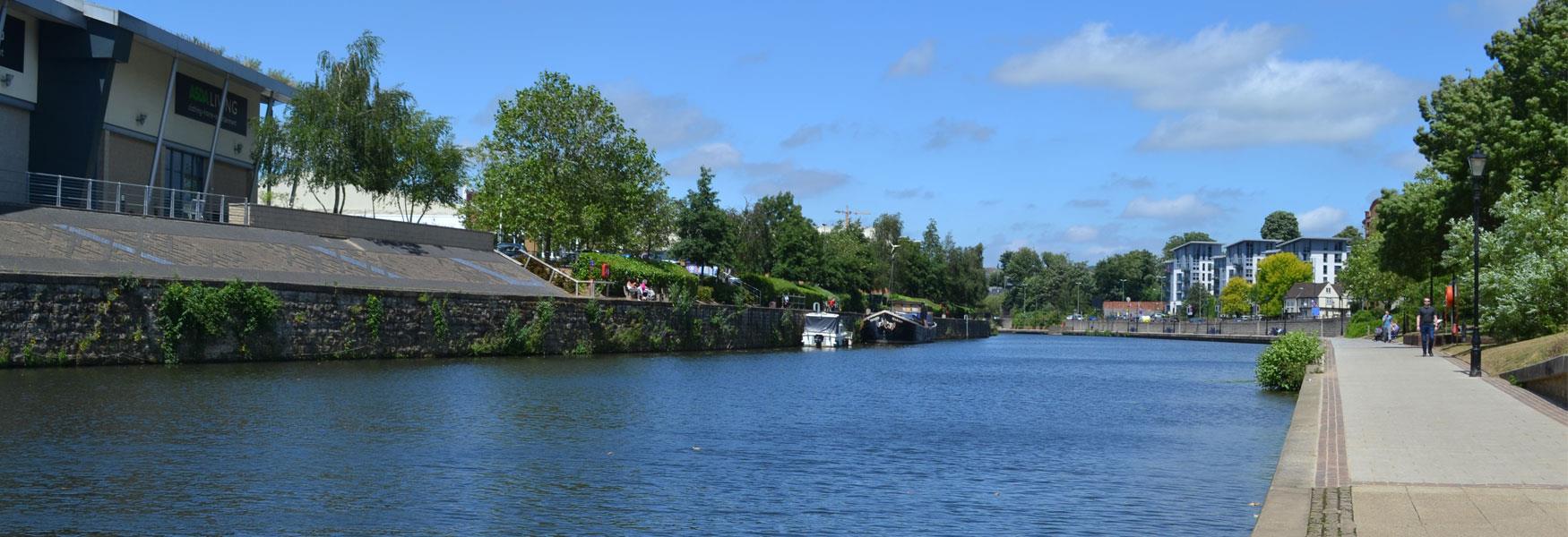 Fairmeadow with its tow path is a pleasant walk which has been popular since the 1600's.  Note the original wharves on the left hand side and the raising of the bank on the right.