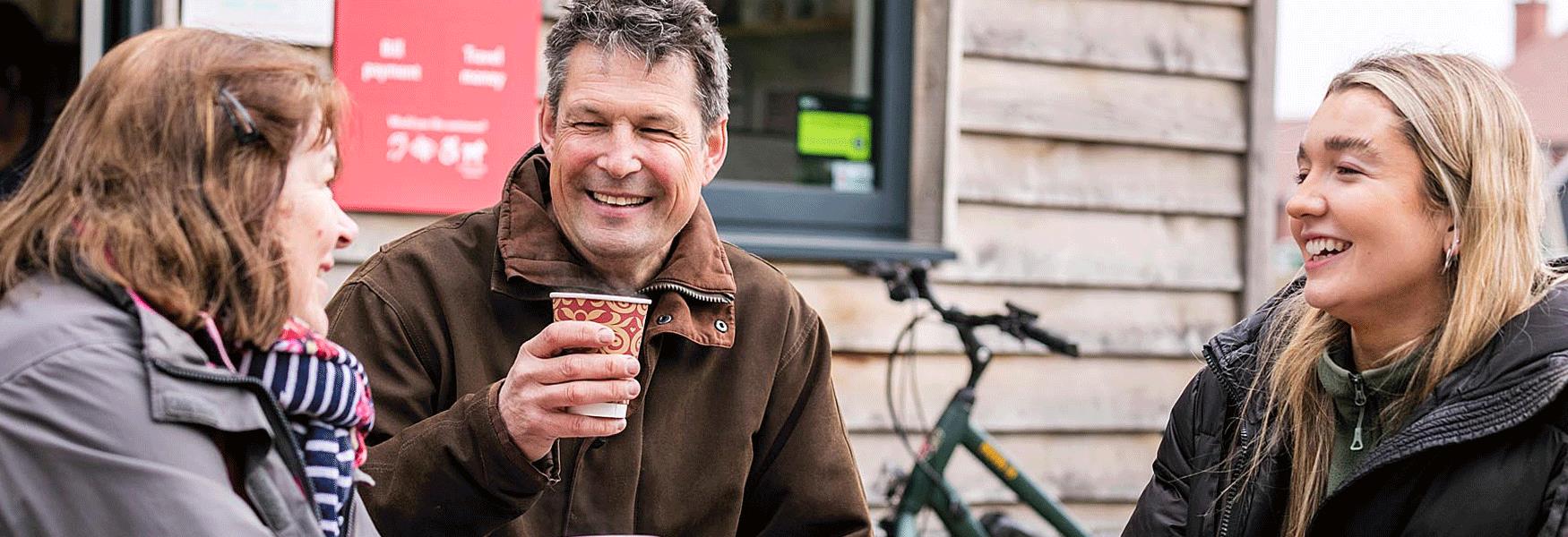 Coffee stop on the Electric Bike Tour at Smarden Community Store after a bike ride along the quiet lanes.