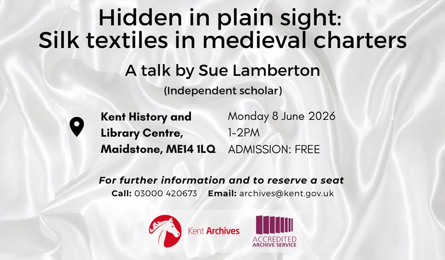 Front part of the flyer advertising Sue Lamberton's talk on 8 June, showing an original royal letters patent from the Lydd Borough and Town Council Co