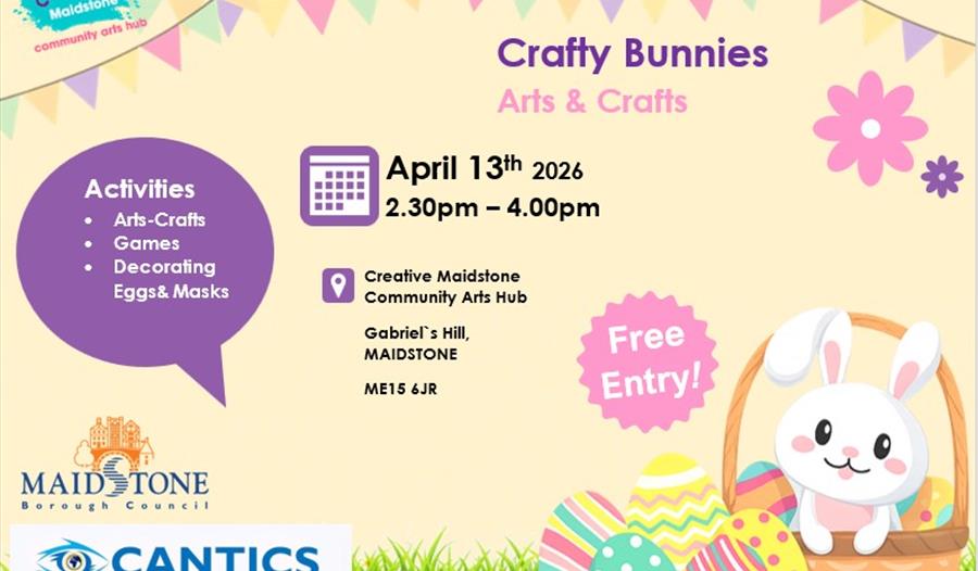 Crafty Bunnies with a list of activies (Arts & crafts. games decorating eggs & masks) on a purple spewach bubble. There is a cartoon bunny in the bott