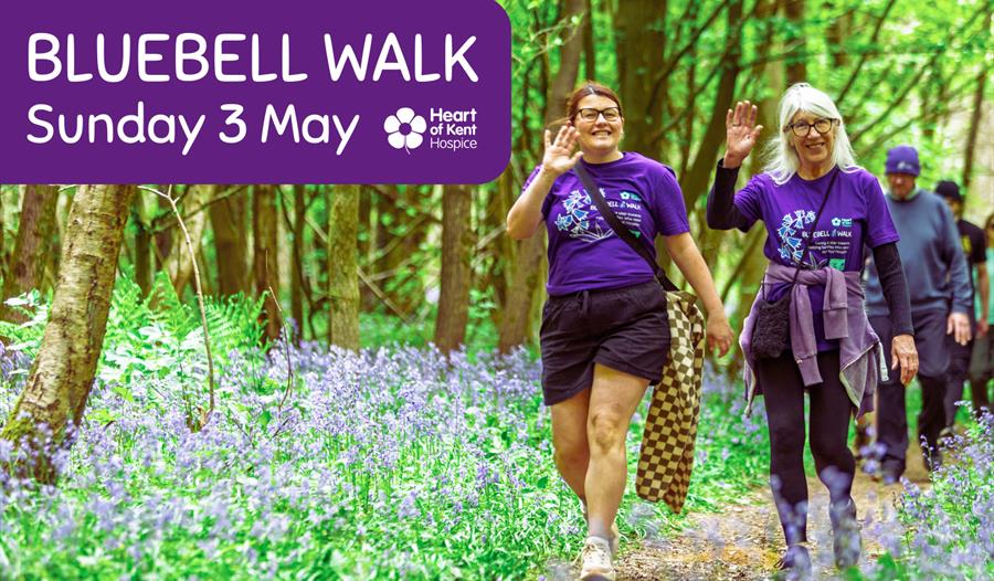 Two women walking through bluebells with Heart of Kent Hospice Bluebell Walk TShirts on.