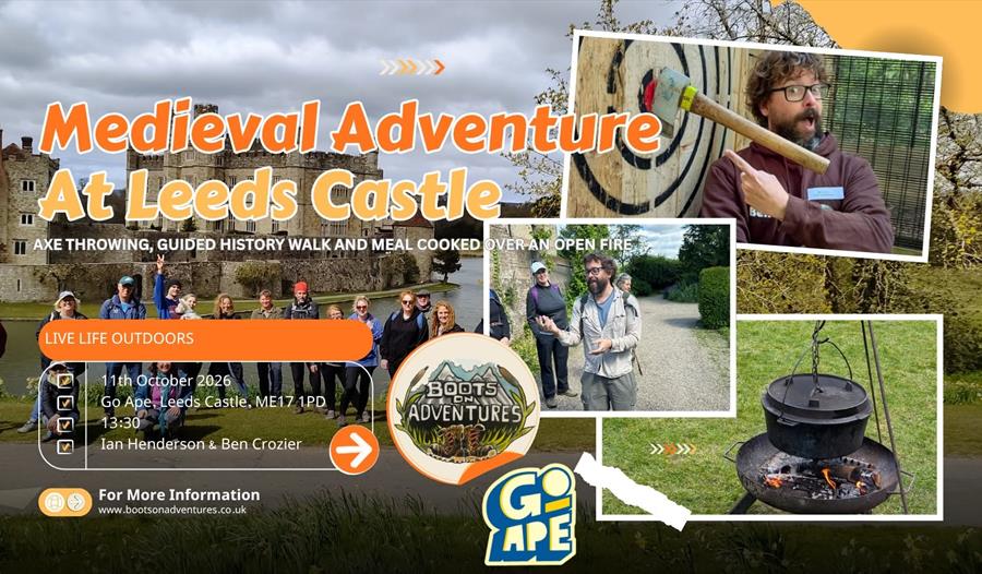 a collage of photos with axe throwing and people at Leeds Castle