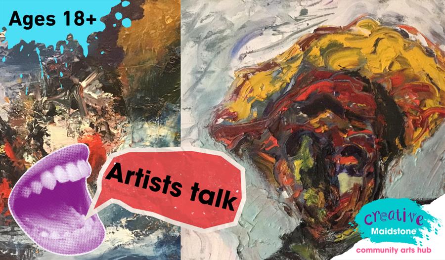 A mouth with a speech bubble in the bottom right-hand corner with a speech bubble saying artists talk. Abstract paintings in the background