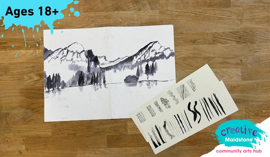 Ink splatter with over 18 and ink drawings in the centre