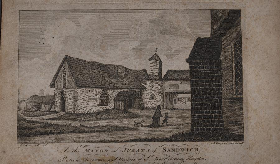 A print of the chapel of St Bartholomew's Hospital, Sandwich, engraved by G. Maxwell and published by William Boys in 1787. The view shows a woman wea