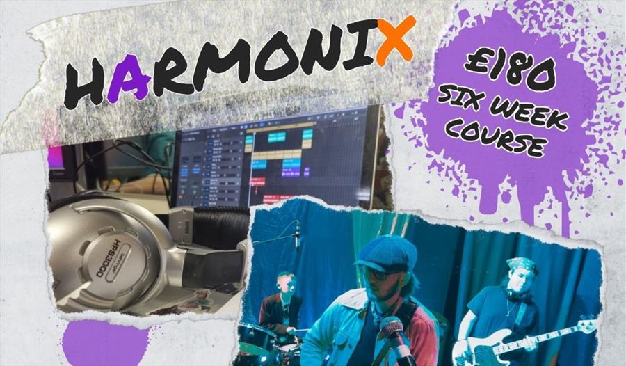 Photo of a computer and headphones; another photo of a band playing on stage