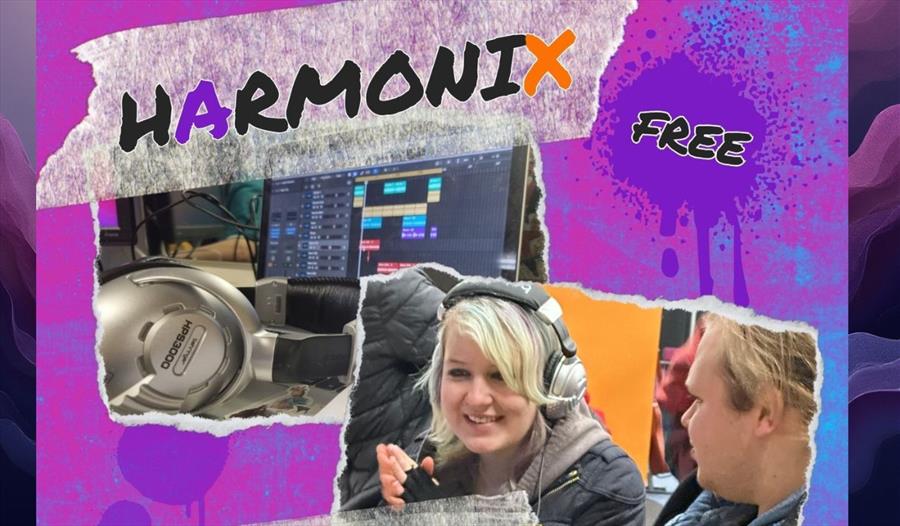 Computer and headphones, two girls - one wearing headphones