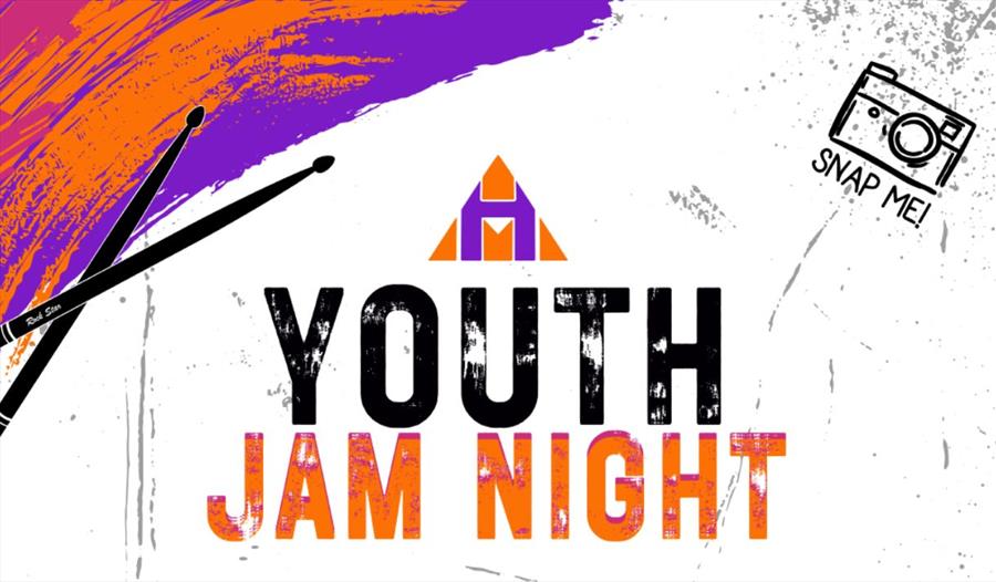 Youth Jam Night on a white background with two drumsticks in the top left