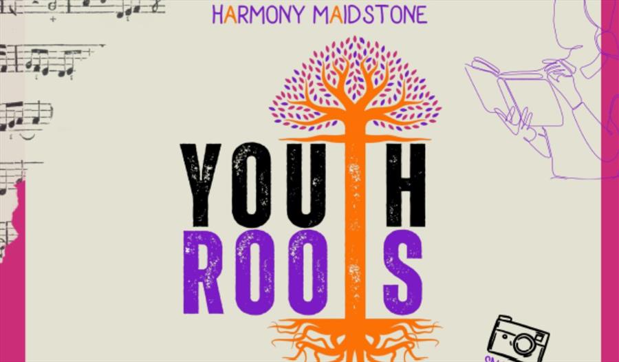 Cream background with a cartoon tree growing in the centre and Youth Roots written around it.