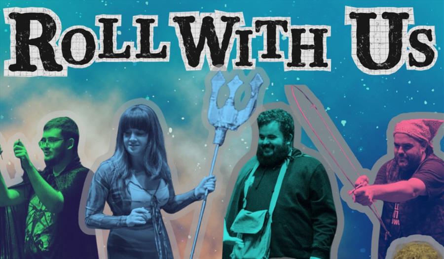 Four people dressed in cosplay outfits with props on a starry background and the words 'Roll With Us' across the top