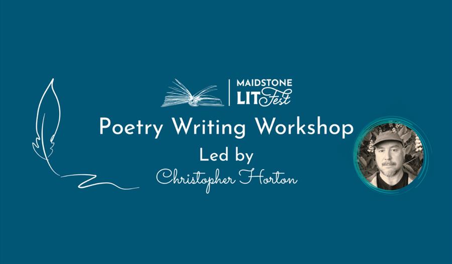 Picture of the poet on a background with the Lit Fest logo