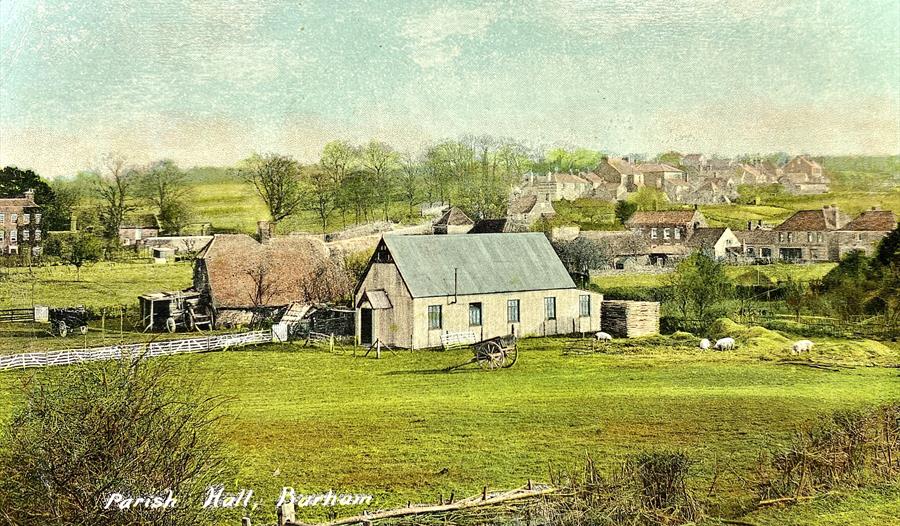 Tinted postcard showing a view of Barham, Kent, in circa 1909, including the village hall, farm buildings and animals in the foreground and houses in