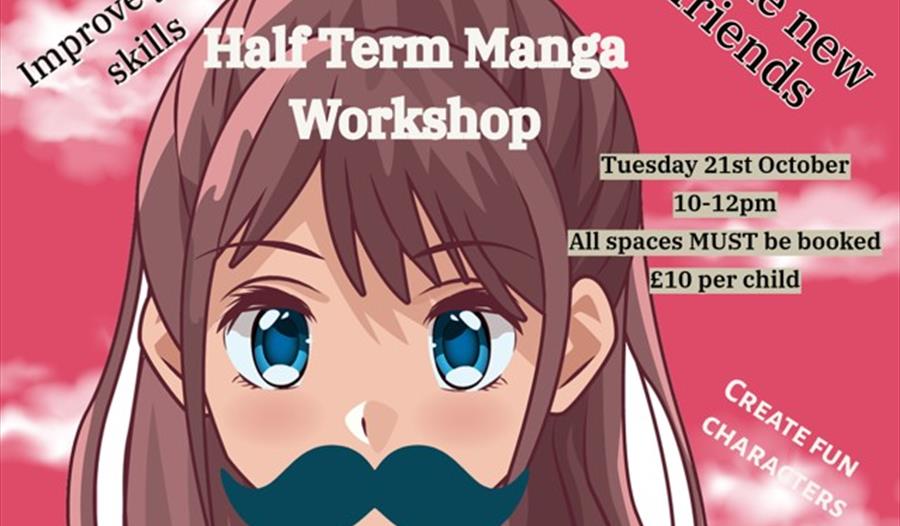 Manga image of girl with long hair big eyes and moustache.
