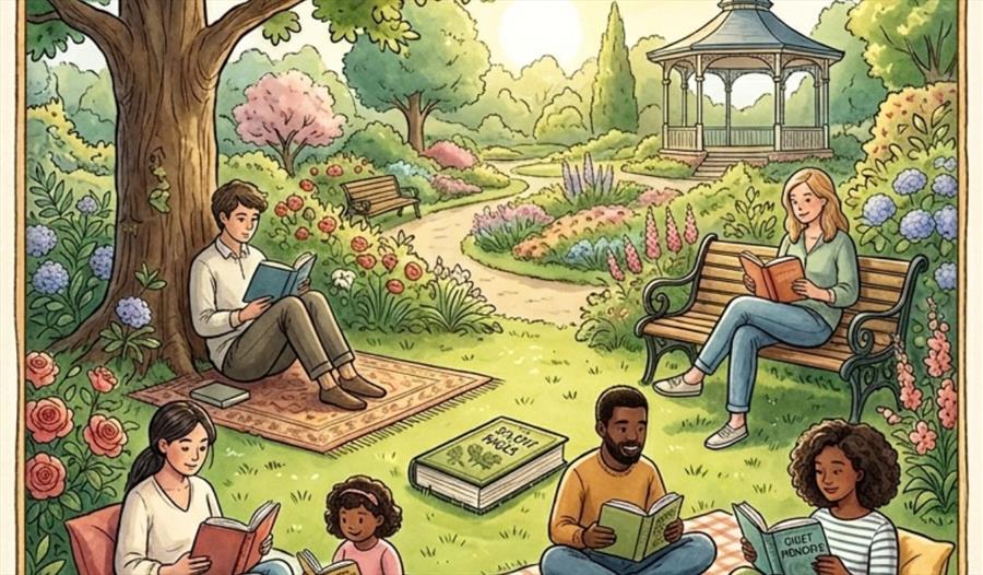 Illustration of people sitting in a park reading