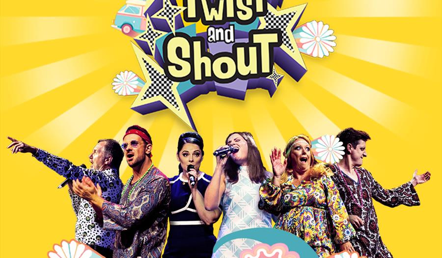 Twist and Shout - a 60s themed poster with singers and performers in 60s themed costumes.