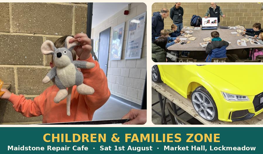 Children and families taking part in the Maidstone Repair Cafe & CAN Zone at Market Hall, Lockmeadow
