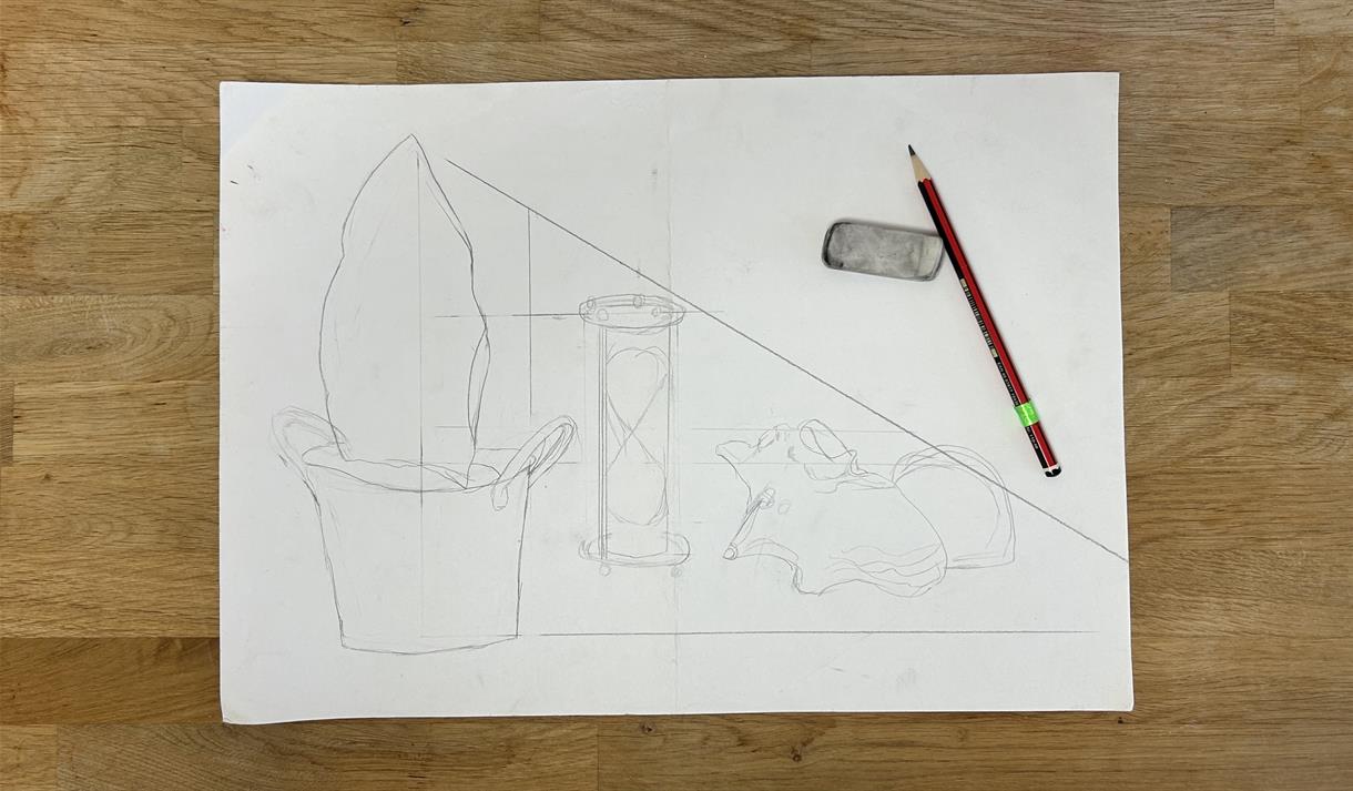 A sheet of white paper with a pencil and rubber on the side of the paper. on the paper is a pencil drawing of a plant, hourglass and shell